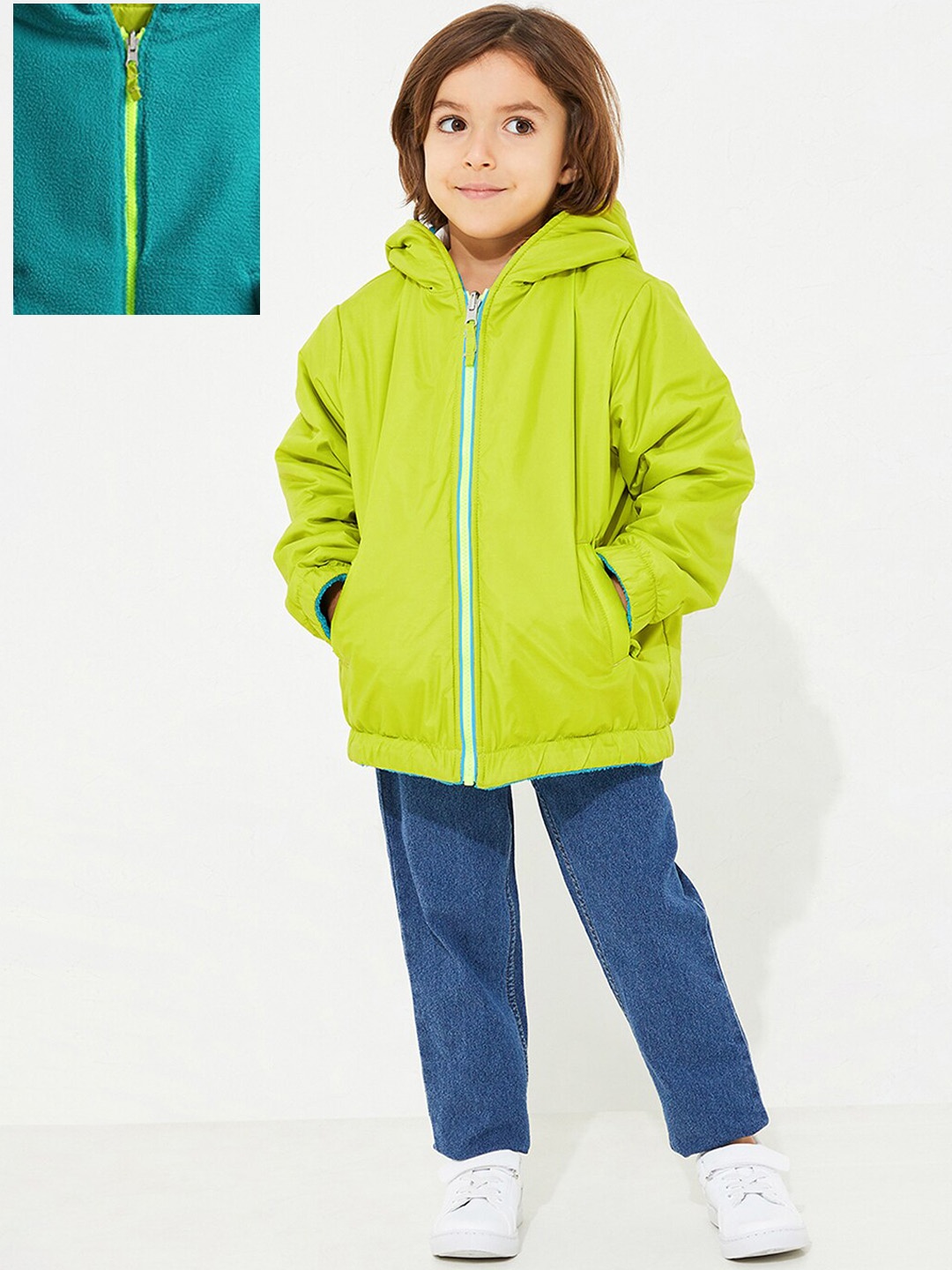 

Cherry Crumble Boys Hooded Reversible Longline Jacket, Green