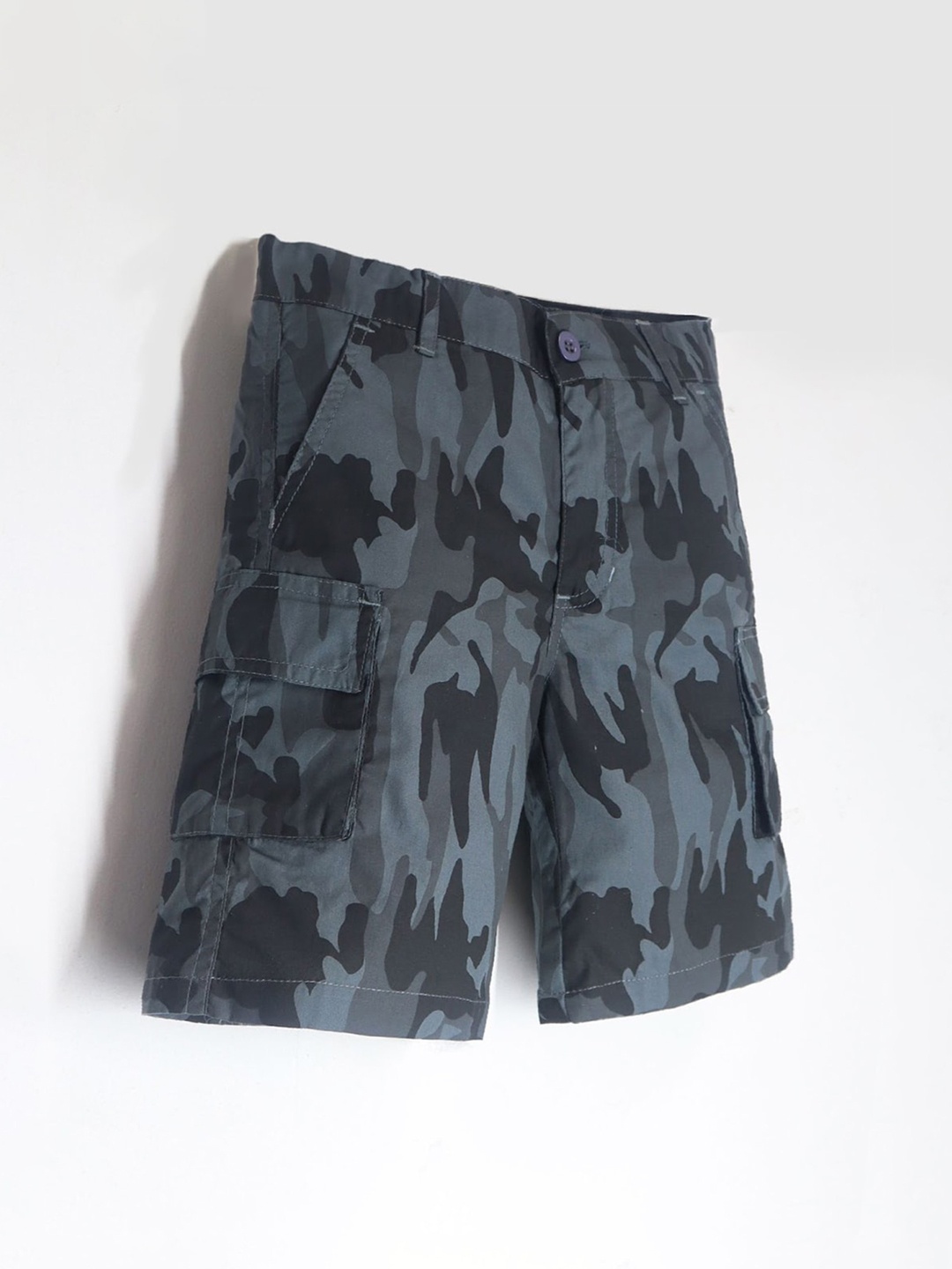 

Cherry Crumble Infants Boys Camouflage Printed Cotton Cargo Shorts, Charcoal