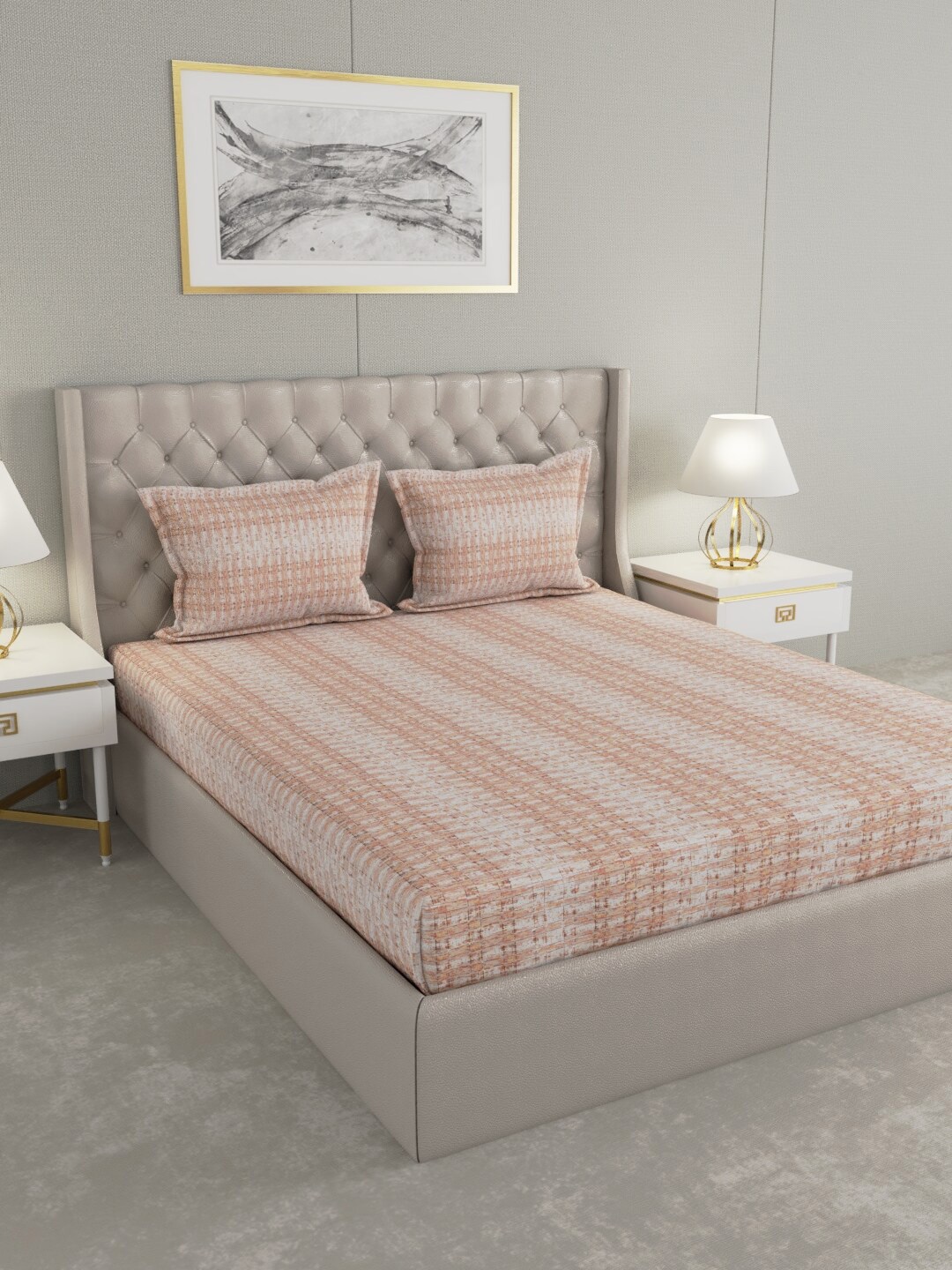 

Raymond Home Orange & White Printed 152 TC Cotton King Bedsheet & 2 Pillow Covers
