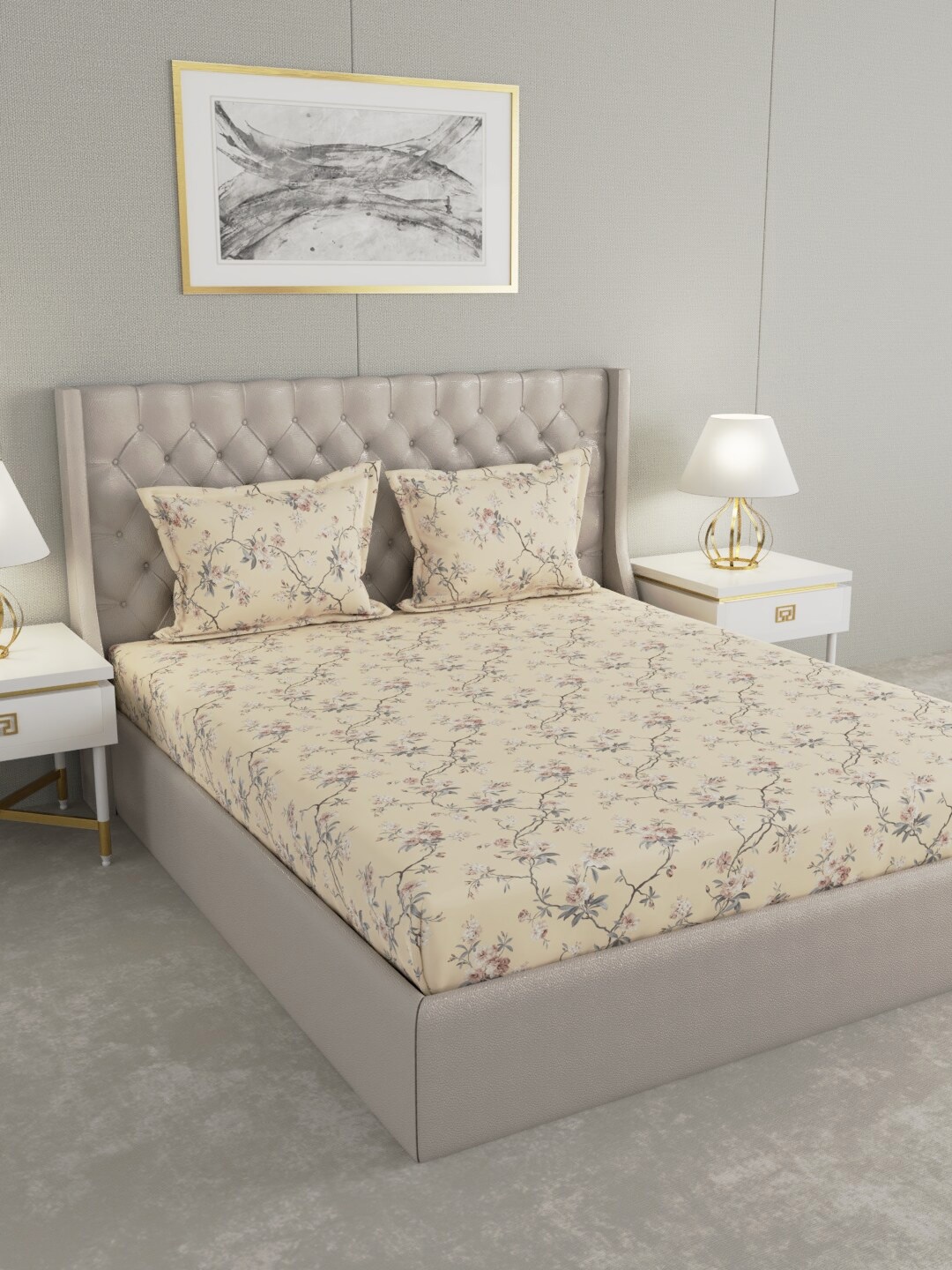 

Raymond Home Beige & Grey Floral Printed 152 TC Cotton King Bedsheet & 2 Pillow Covers