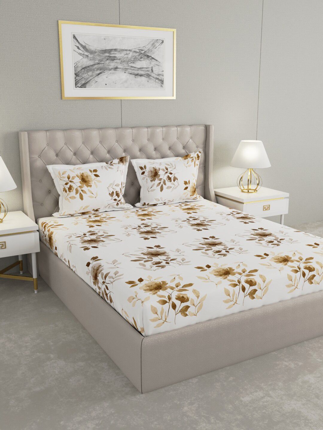 

Raymond Home Festive White Floral Printed 152 TC Cotton King Bedsheet & 2 Pillow Covers