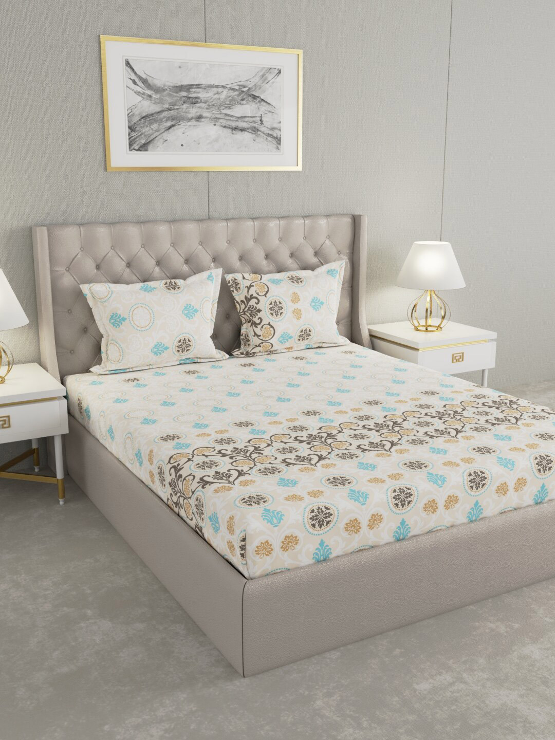 

Raymond Home Cream-Coloured & Blue Printed 152 TC Cotton King Bedsheet & 2 Pillow Covers