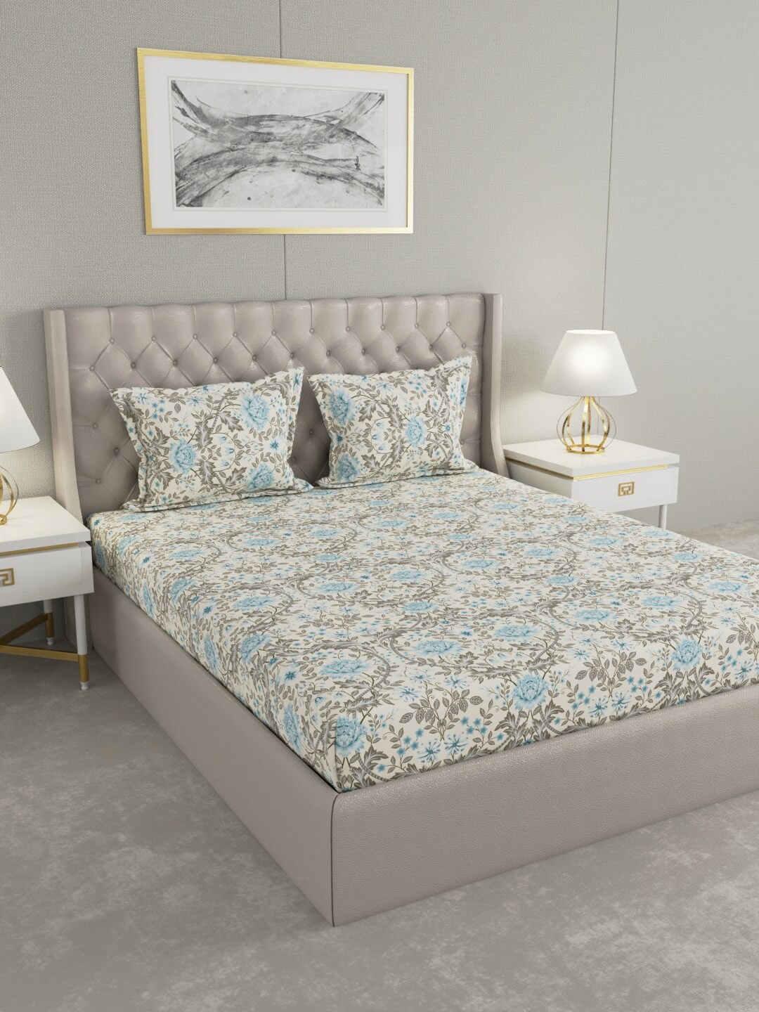 

Raymond Home Cream-Coloured & Blue Printed 152 TC Cotton King Bedsheet & 2 Pillow Covers