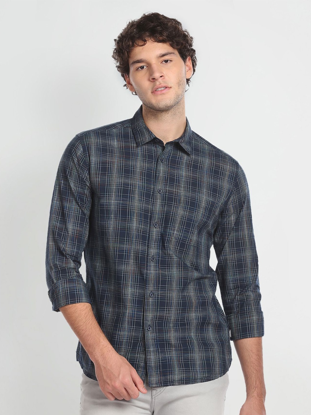 

Flying Machine Checked Pure Cotton Casual Shirt, Navy blue