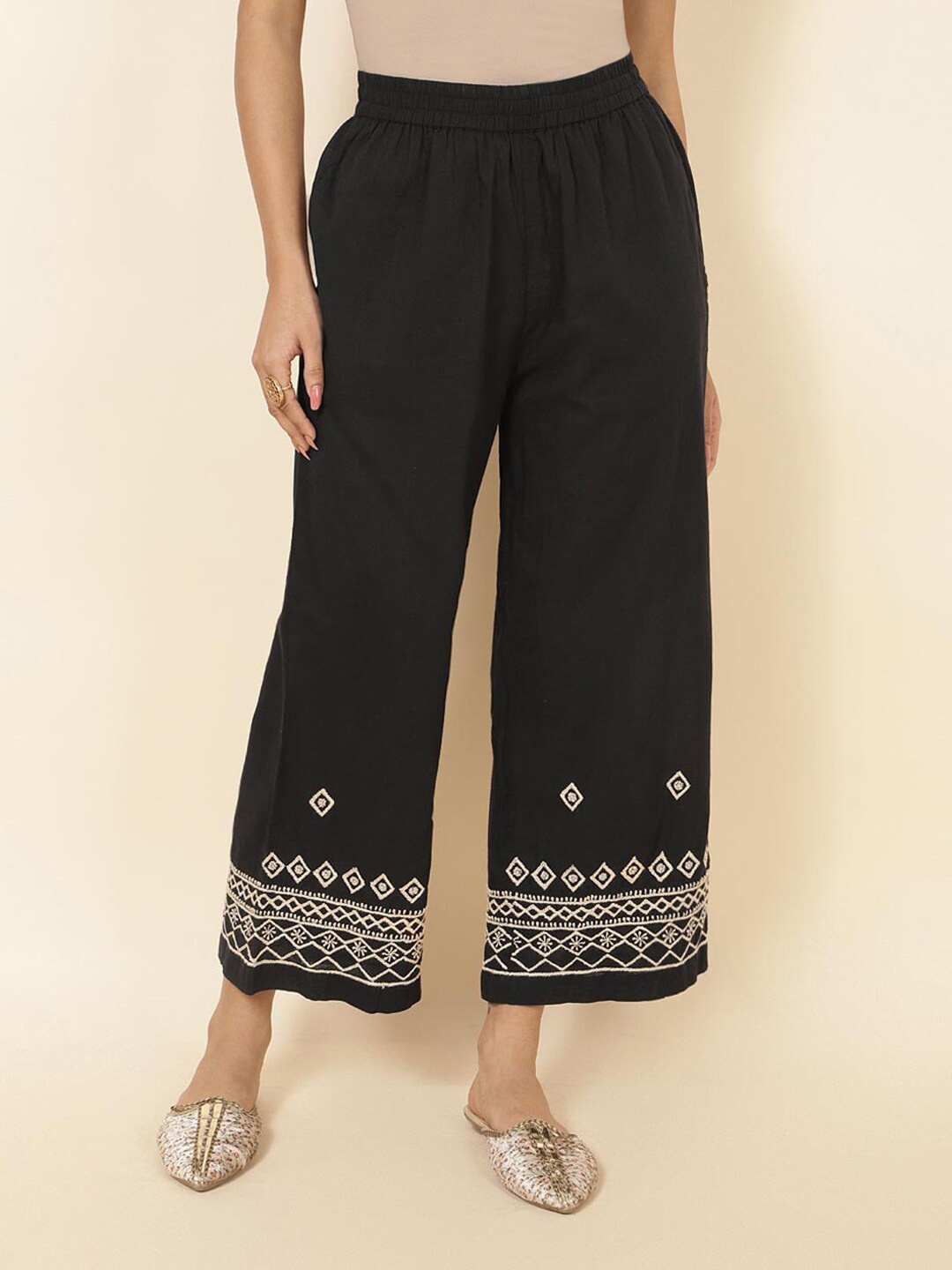 

Fabindia Women Ethnic Motifs Printed Ethnic Straight Palazzos, Black