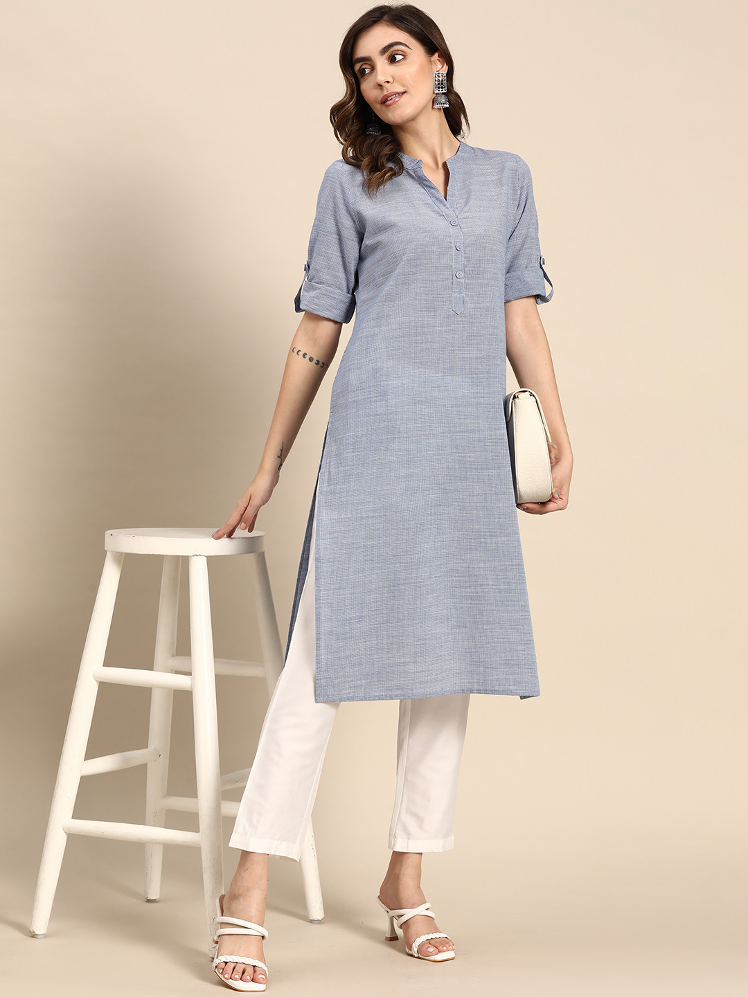 

all about you Checked Cotton Kurta, Blue