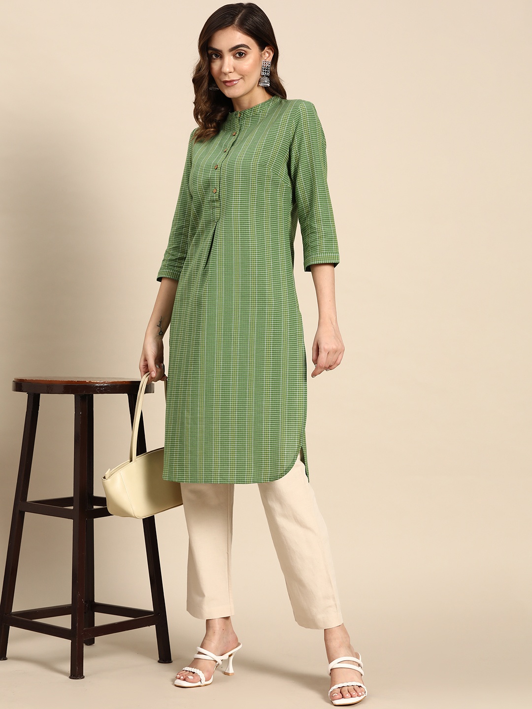 

all about you Checked Cotton Kurta, Green