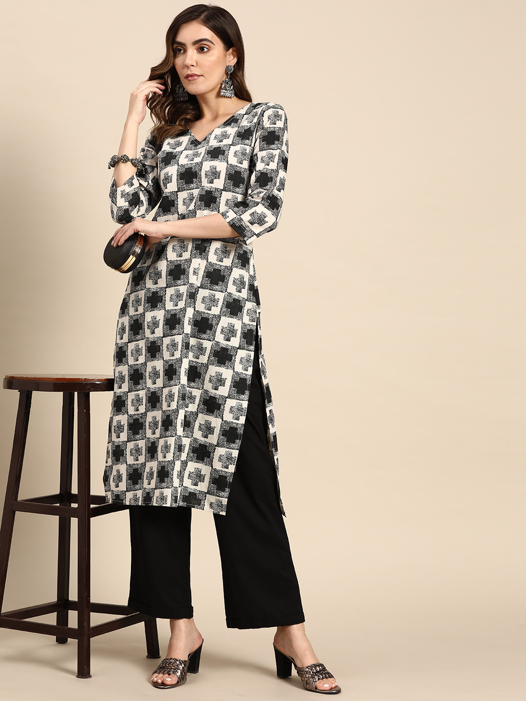 

all about you Geometric Printed Cotton Kurta, Black