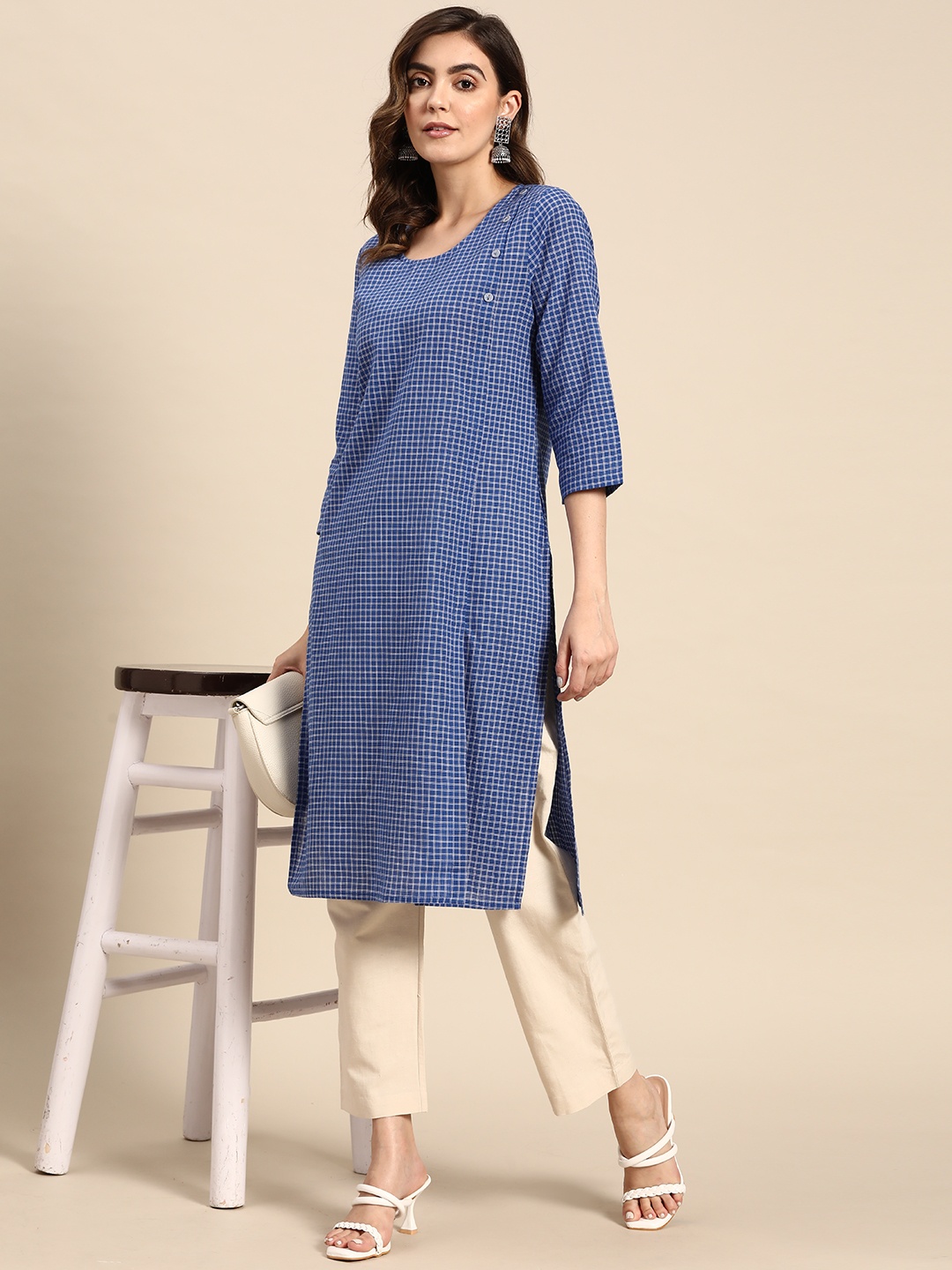 

all about you Checked Cotton Kurta, Blue