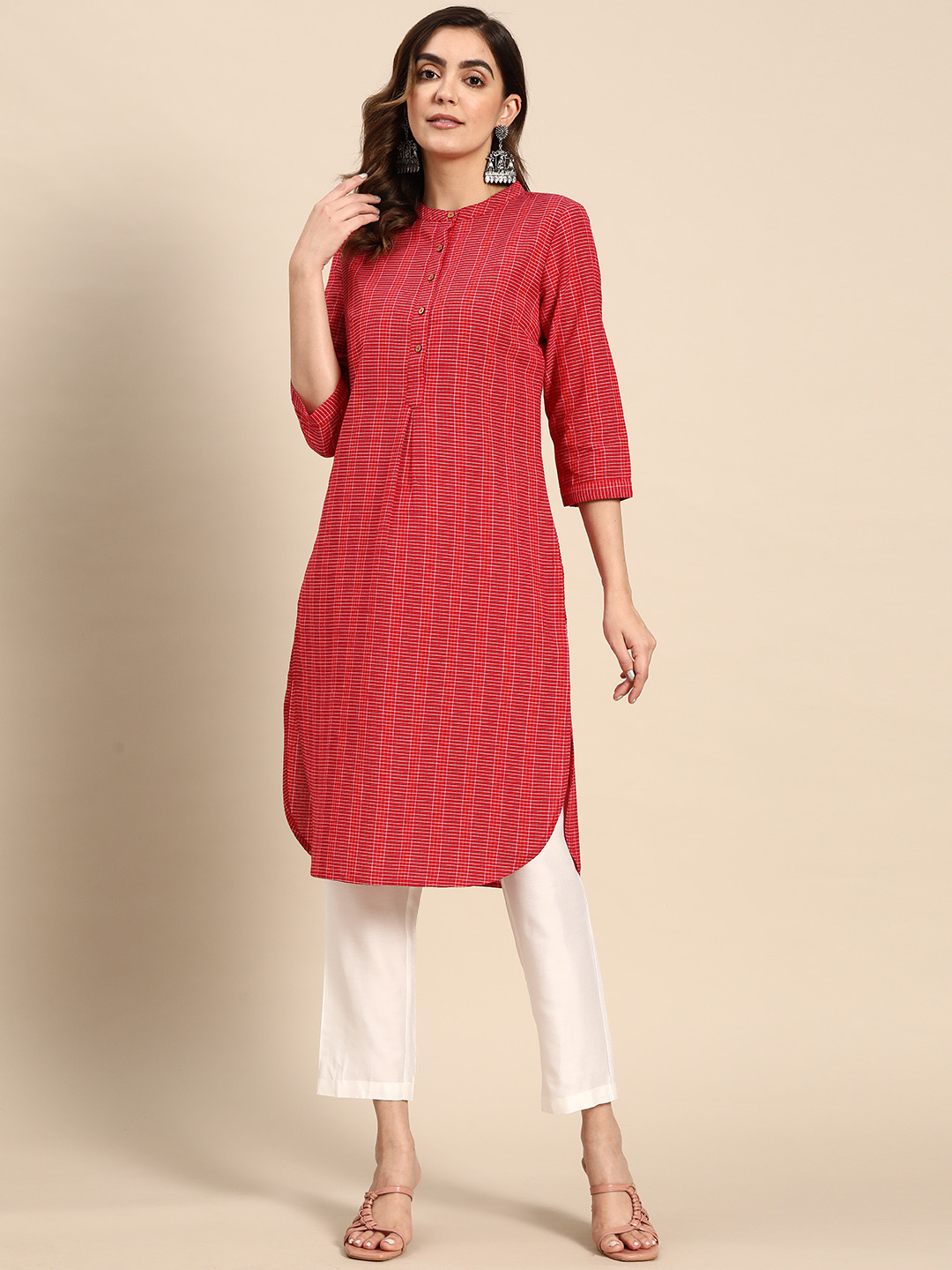 

all about you Checked Cotton Kurta, Red