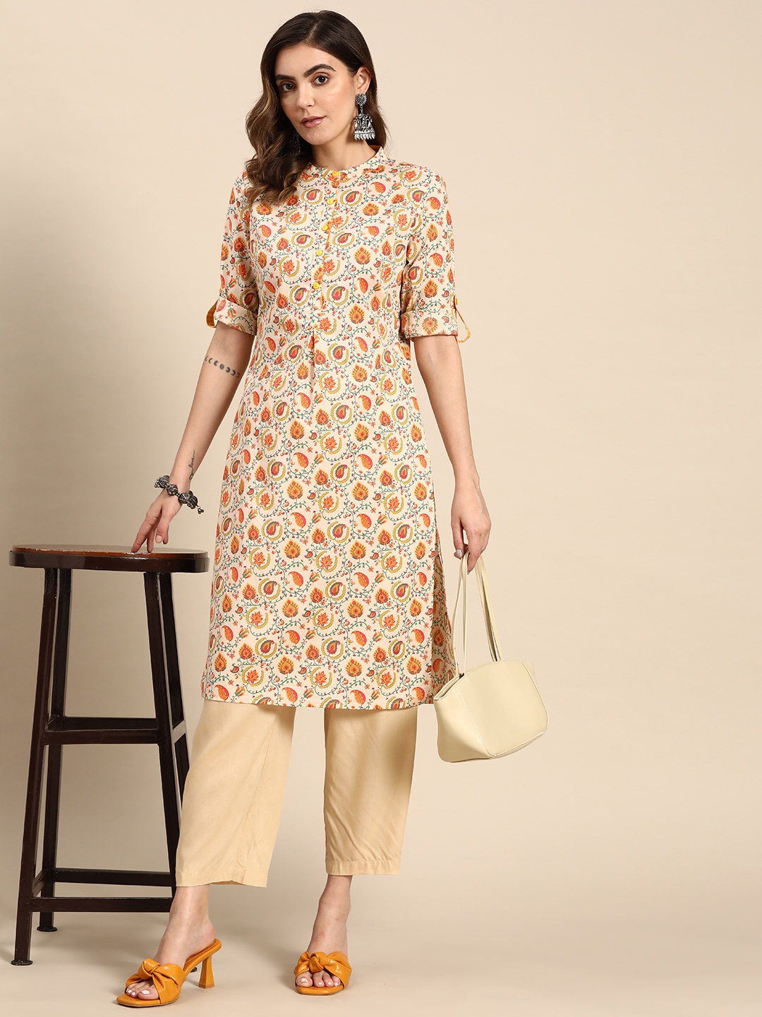 

all about you Ethnic Motifs Printed Cotton Kurta, Beige