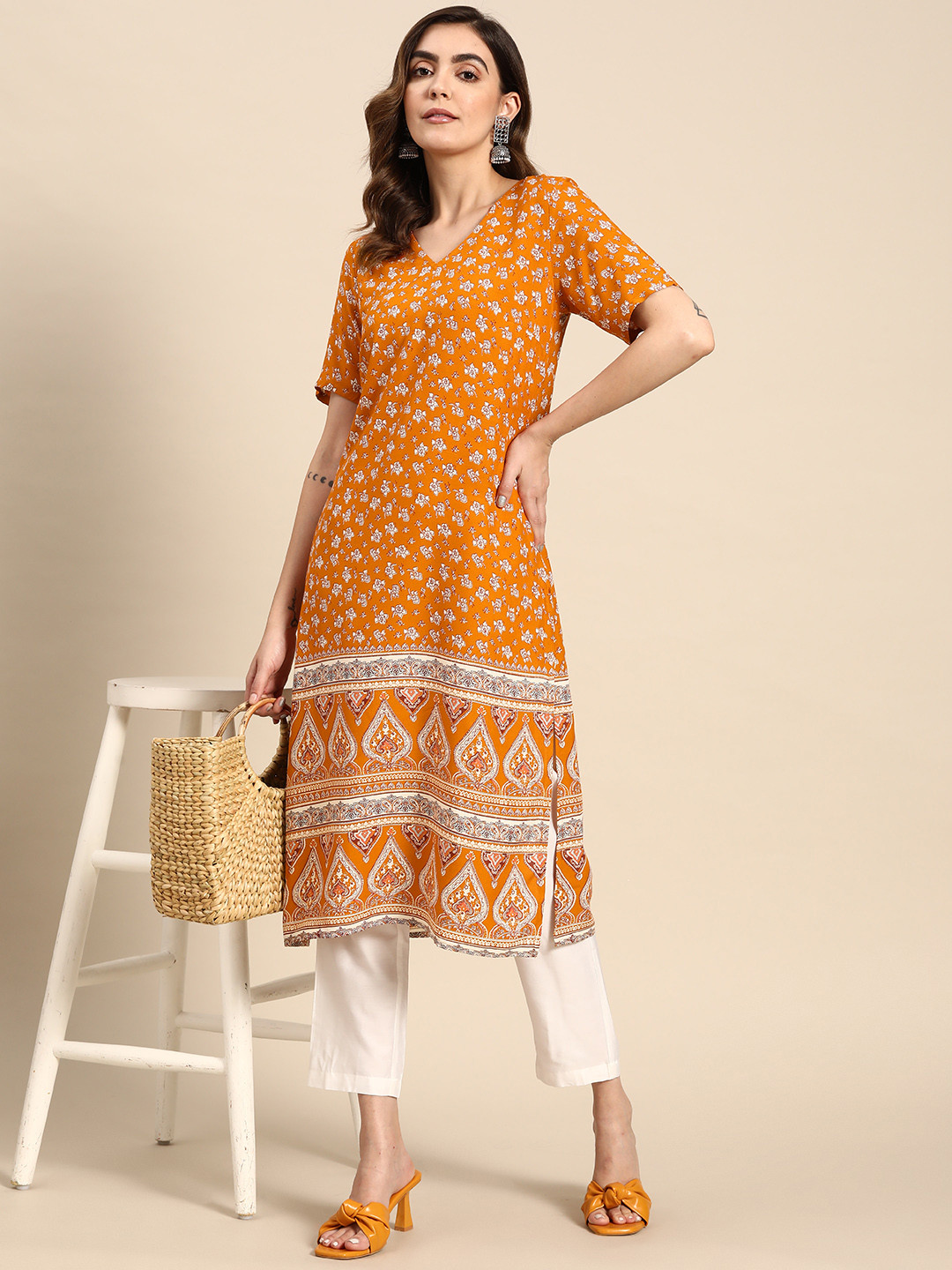 

all about you Floral Printed Cotton Kurta, Mustard