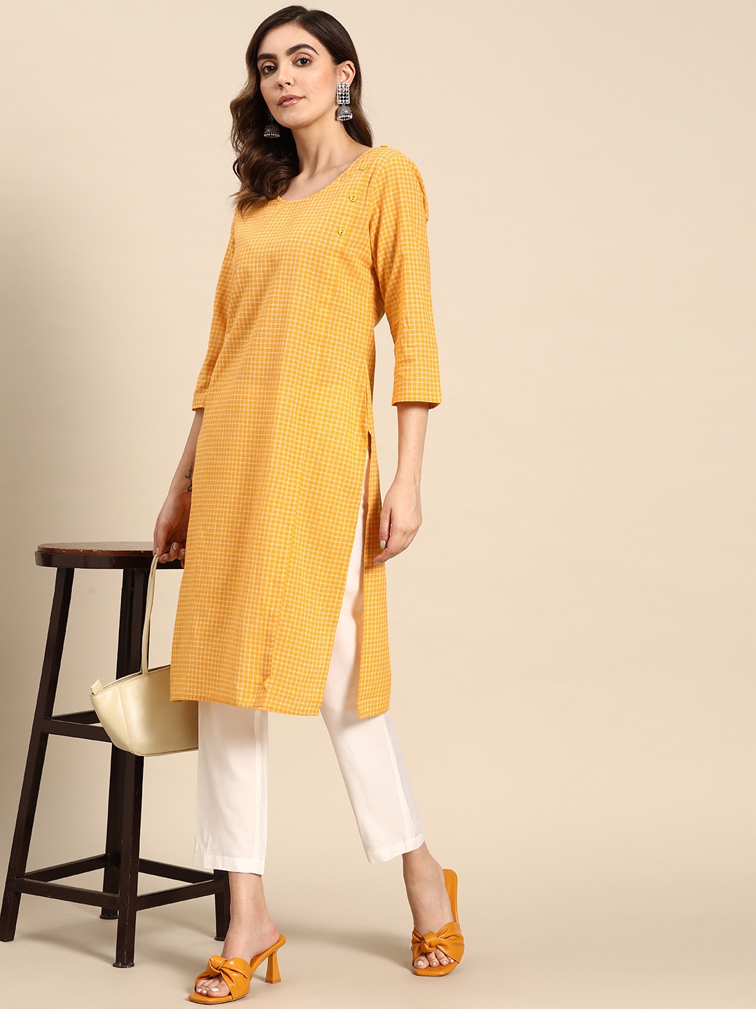 

all about you Checked Cotton Kurta, Yellow