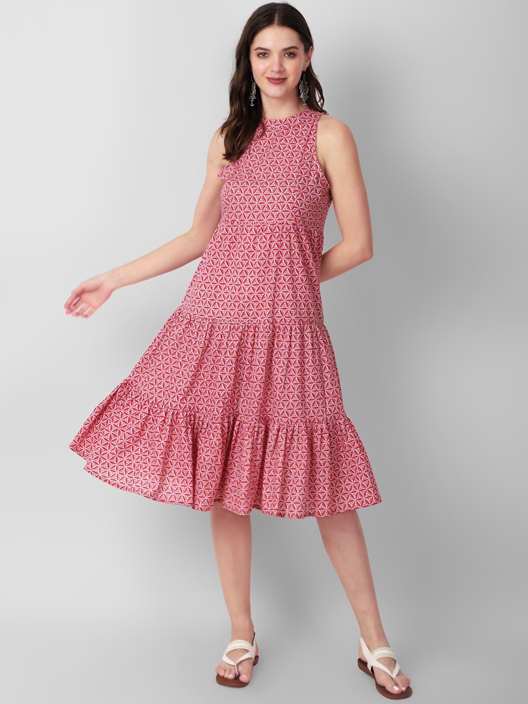 

Haute and Humble Ethnic Motifs Printed Sleeveless Tiered Pure Cotton Midi Dress, Pink