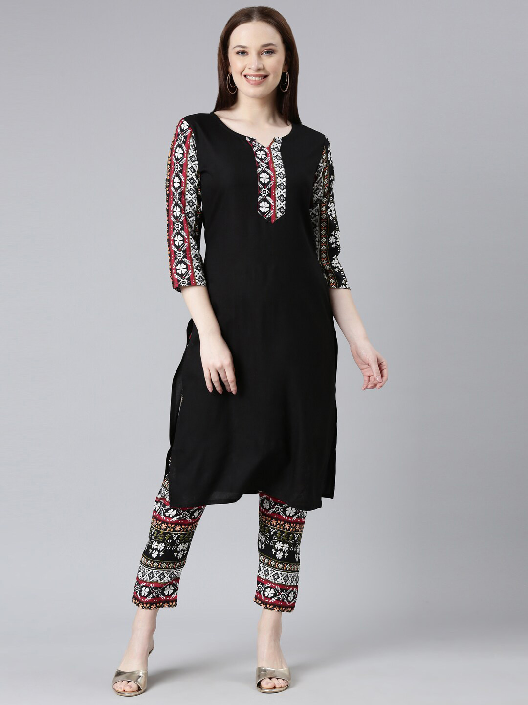 

KALINI Ethnic Motifs Printed Straight Kurta with Trousers, Black