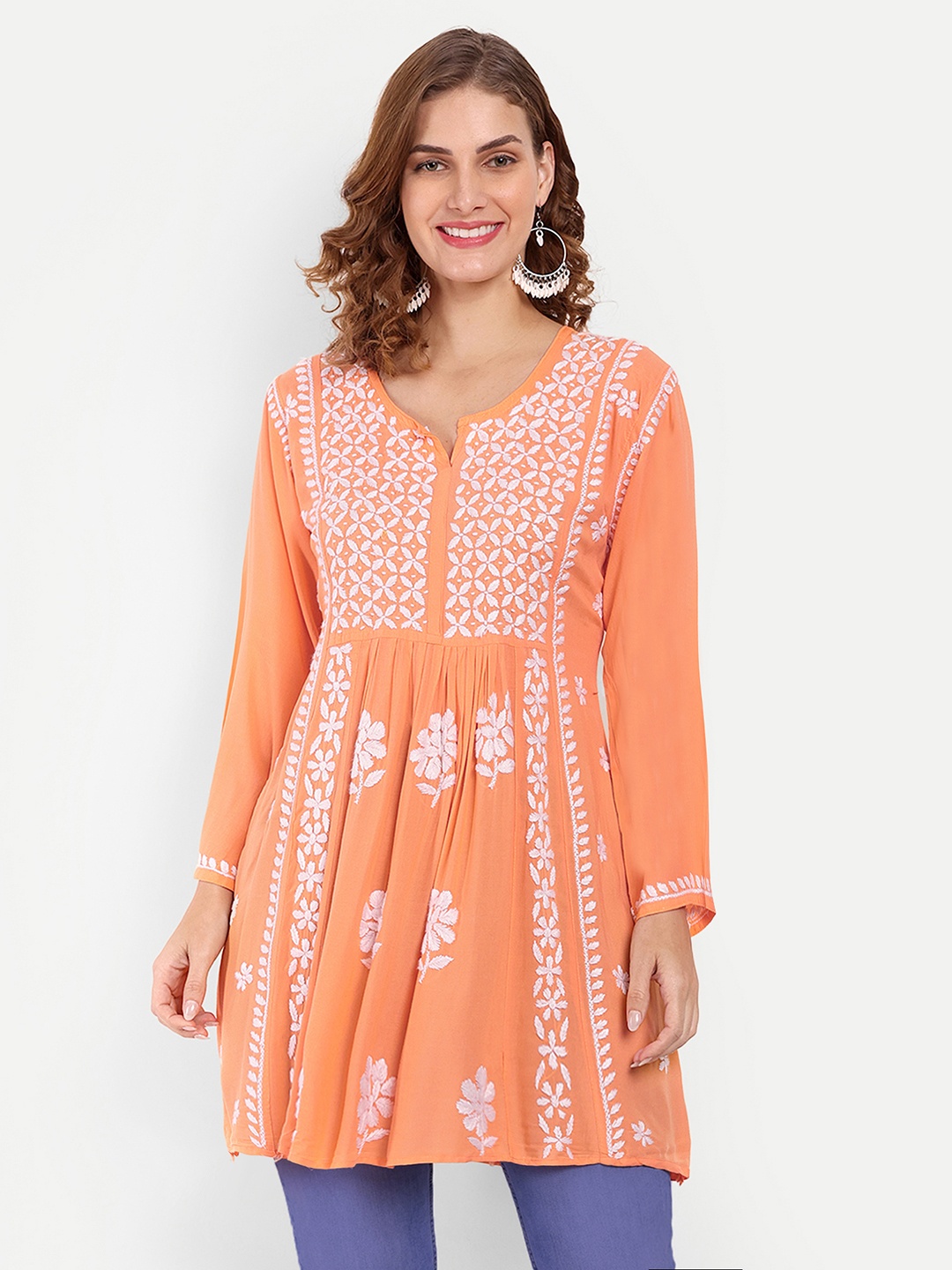 

Indiankala4u Ethnic Motifs Embroidered Chikankari Kurti, Coral