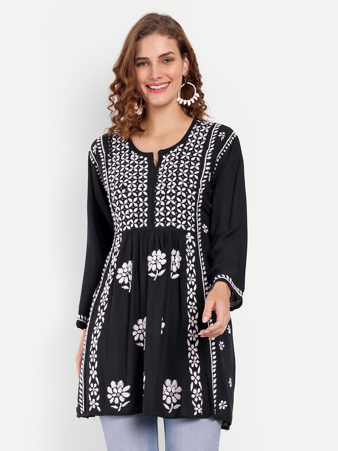 

Indiankala4u Ethnic Motifs Embroidered Chikankari Kurti, Black