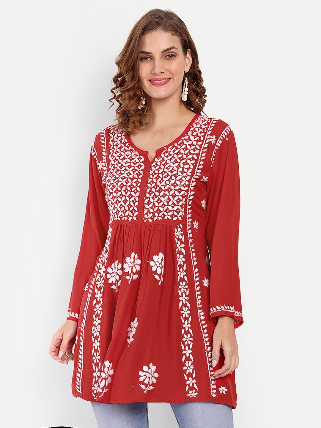 

Indiankala4u Ethnic Motifs Embroidered Chikankari Kurti, Red