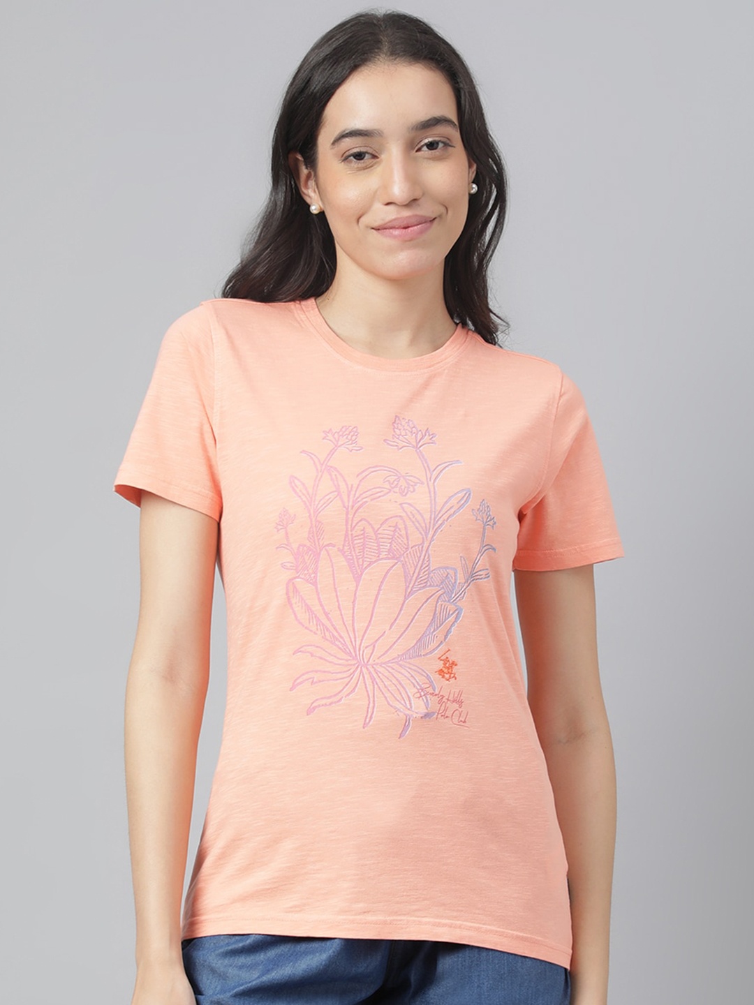 

Beverly Hills Polo Club Women Floral Printed Cotton T-shirt, Peach