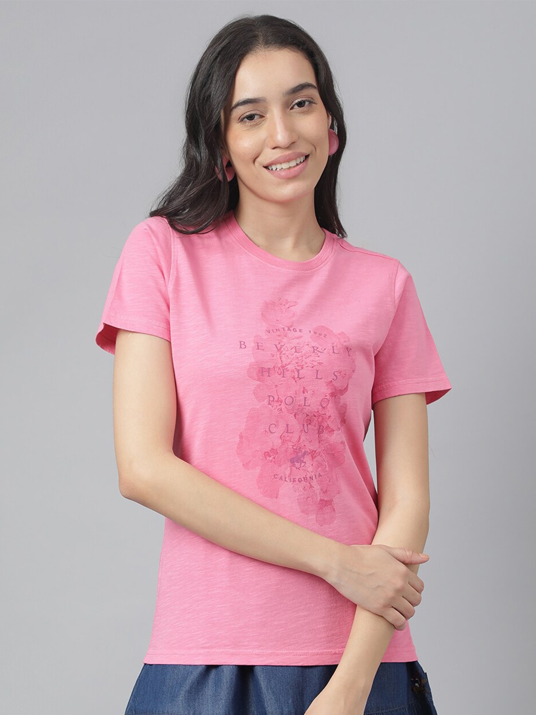

Beverly Hills Polo Club Typography Printed Round Neck Cotton T-Shirt, Pink