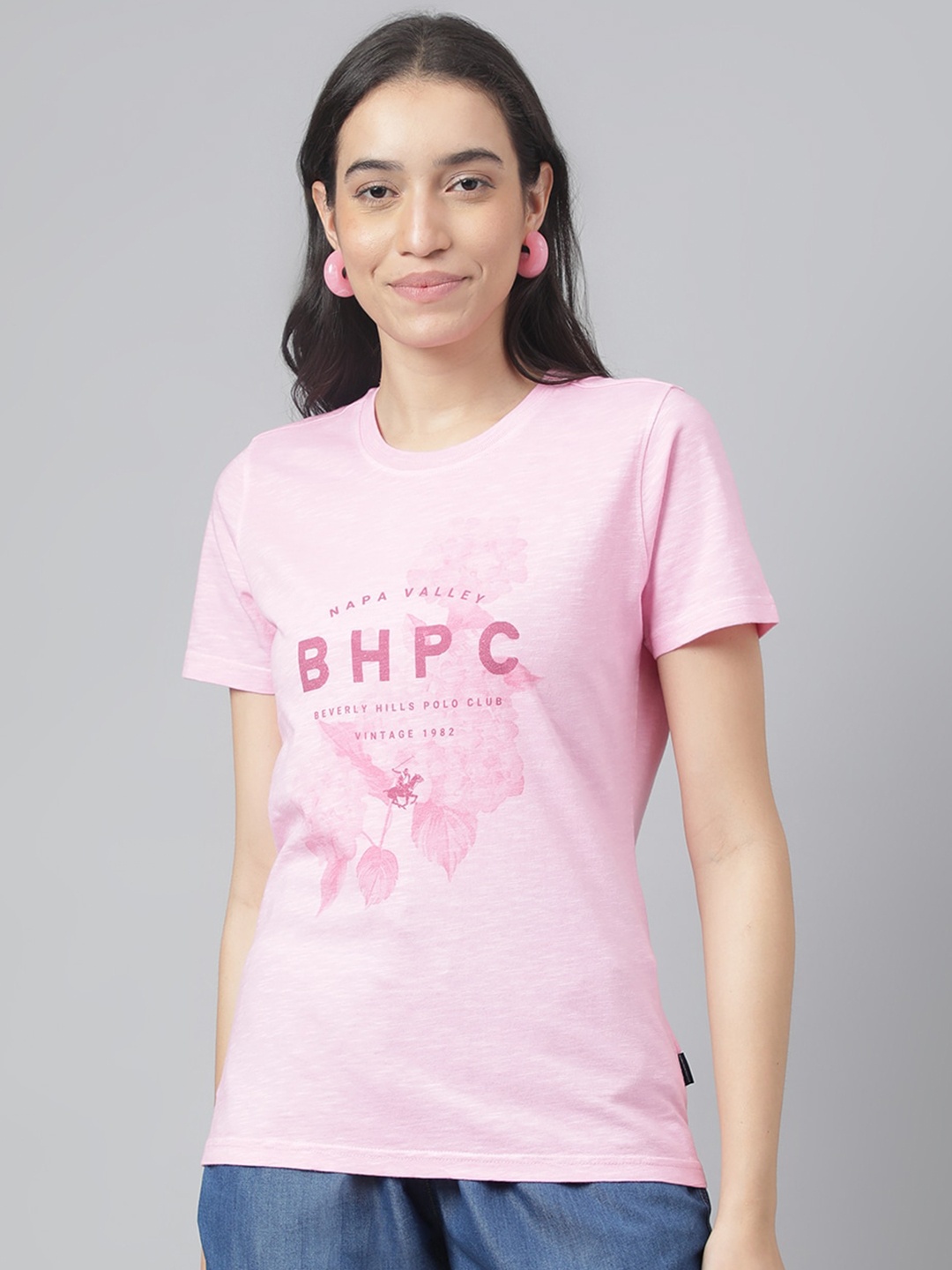 

Beverly Hills Polo Club Typography Printed Round Neck Cotton T-Shirt, Pink