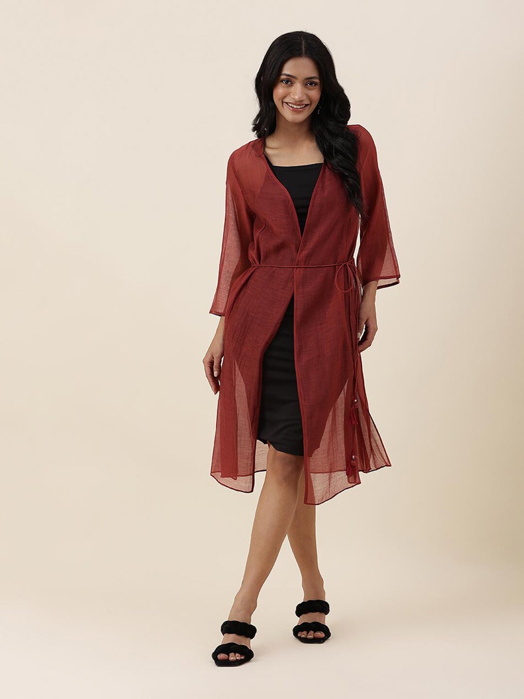 

Fabindia Longline Open Front Shrug with Belt, Maroon