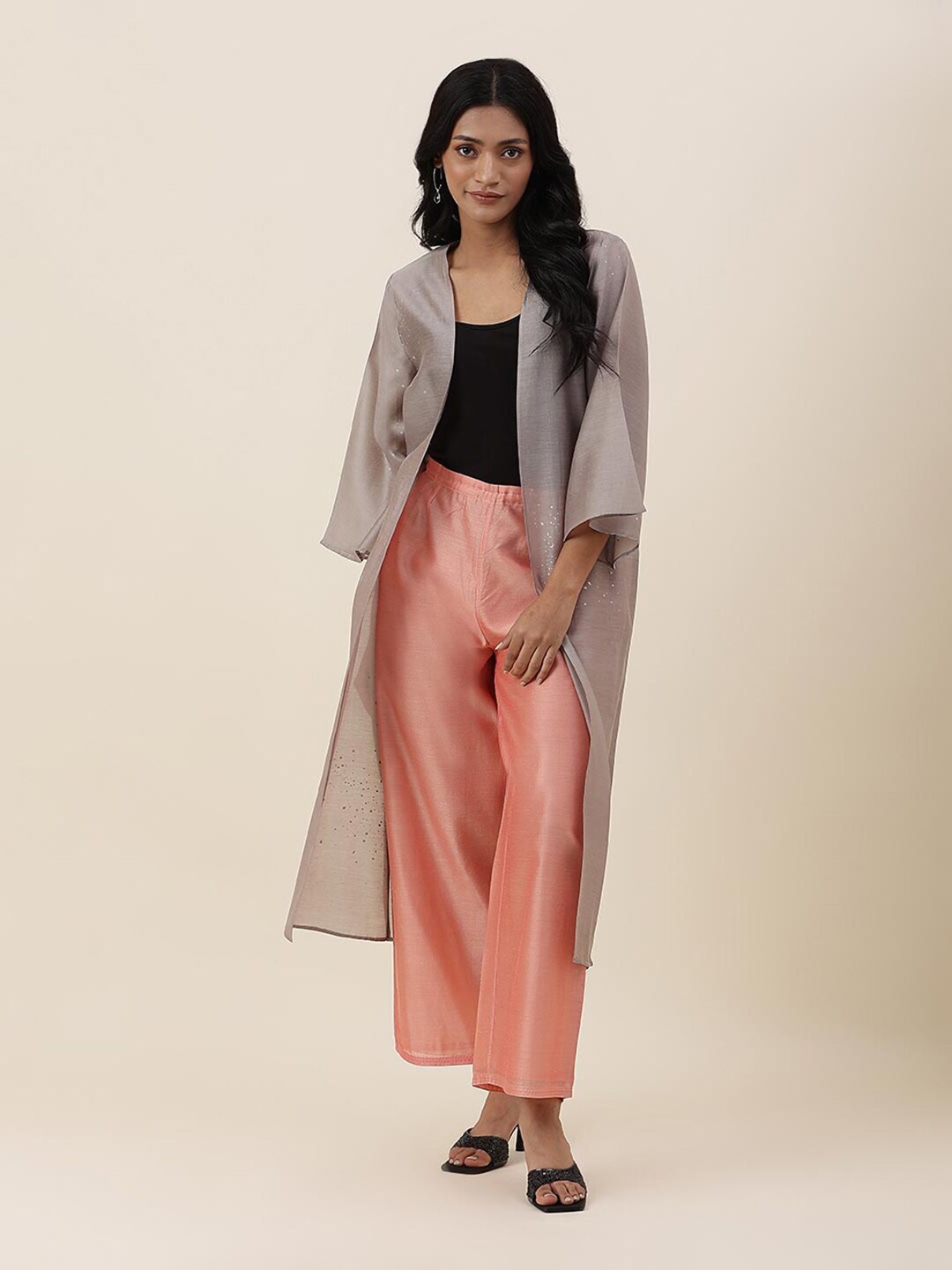 

Fabindia Printed Longline Open Front Shrug, Grey