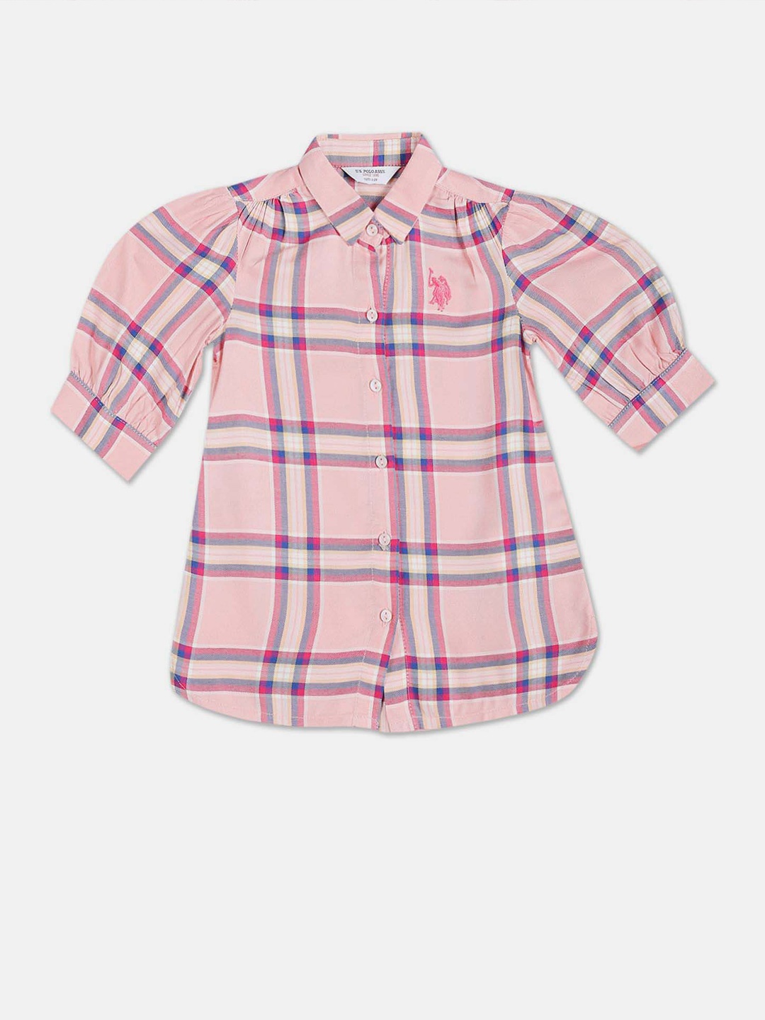 

U.S. Polo Assn. Kids Girls Spread Collar Puff Sleeves Checked Top, Pink