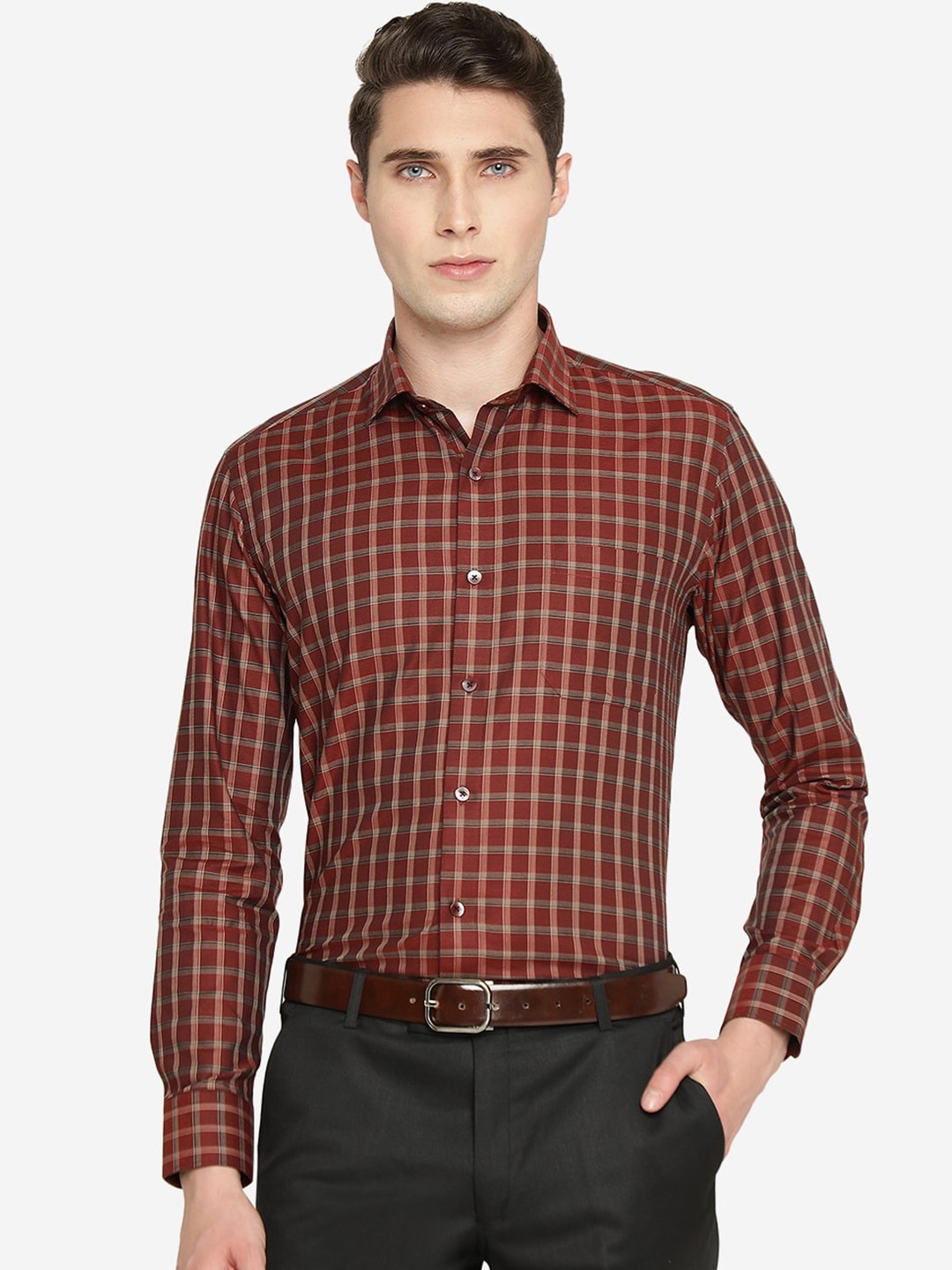 

METAL Slim Fit Windowpane Checks Pure Cotton Formal Shirt, Maroon