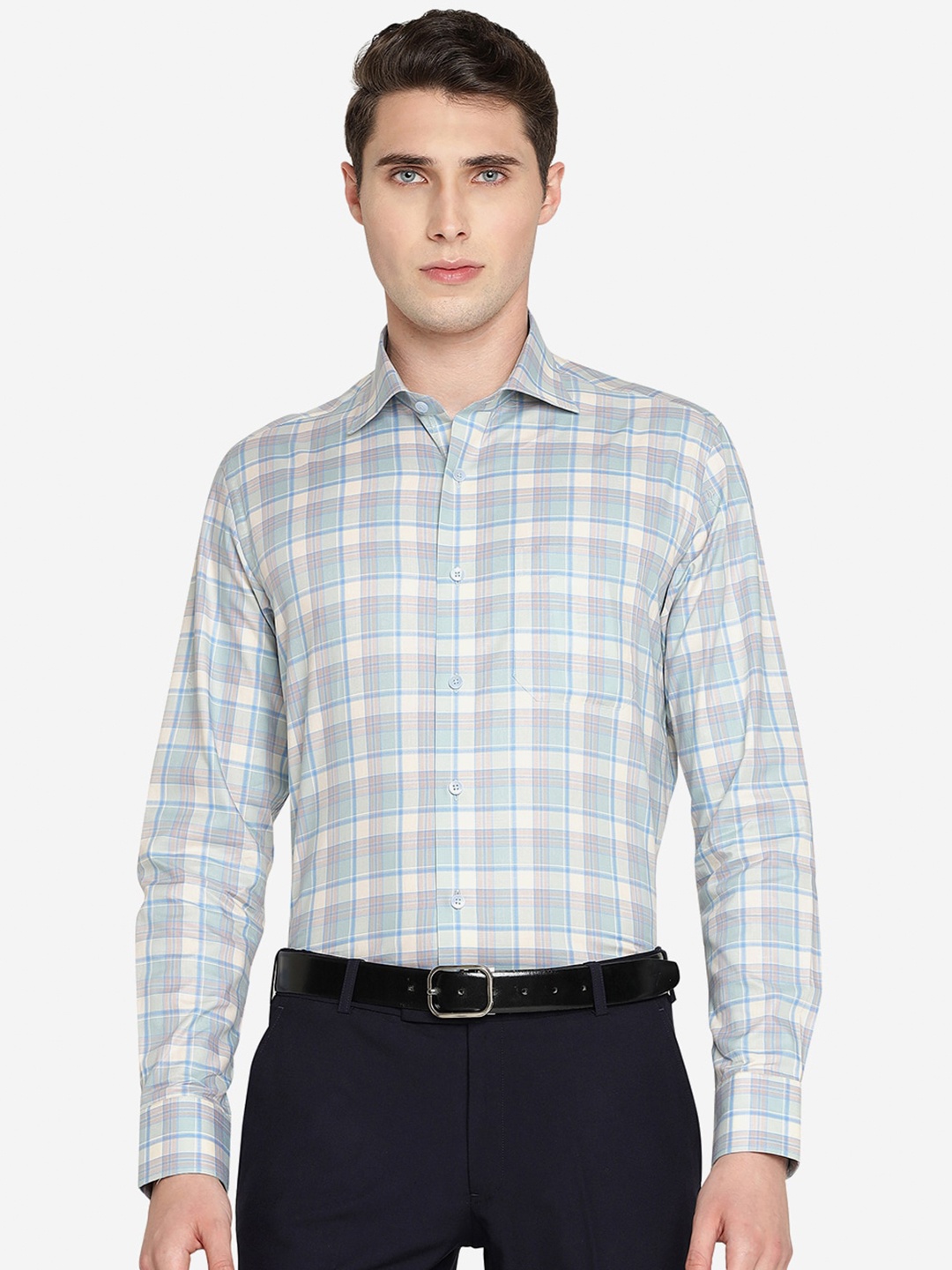 

METAL Slim Fit Tartan Checks Pure Cotton Formal Shirt, Blue