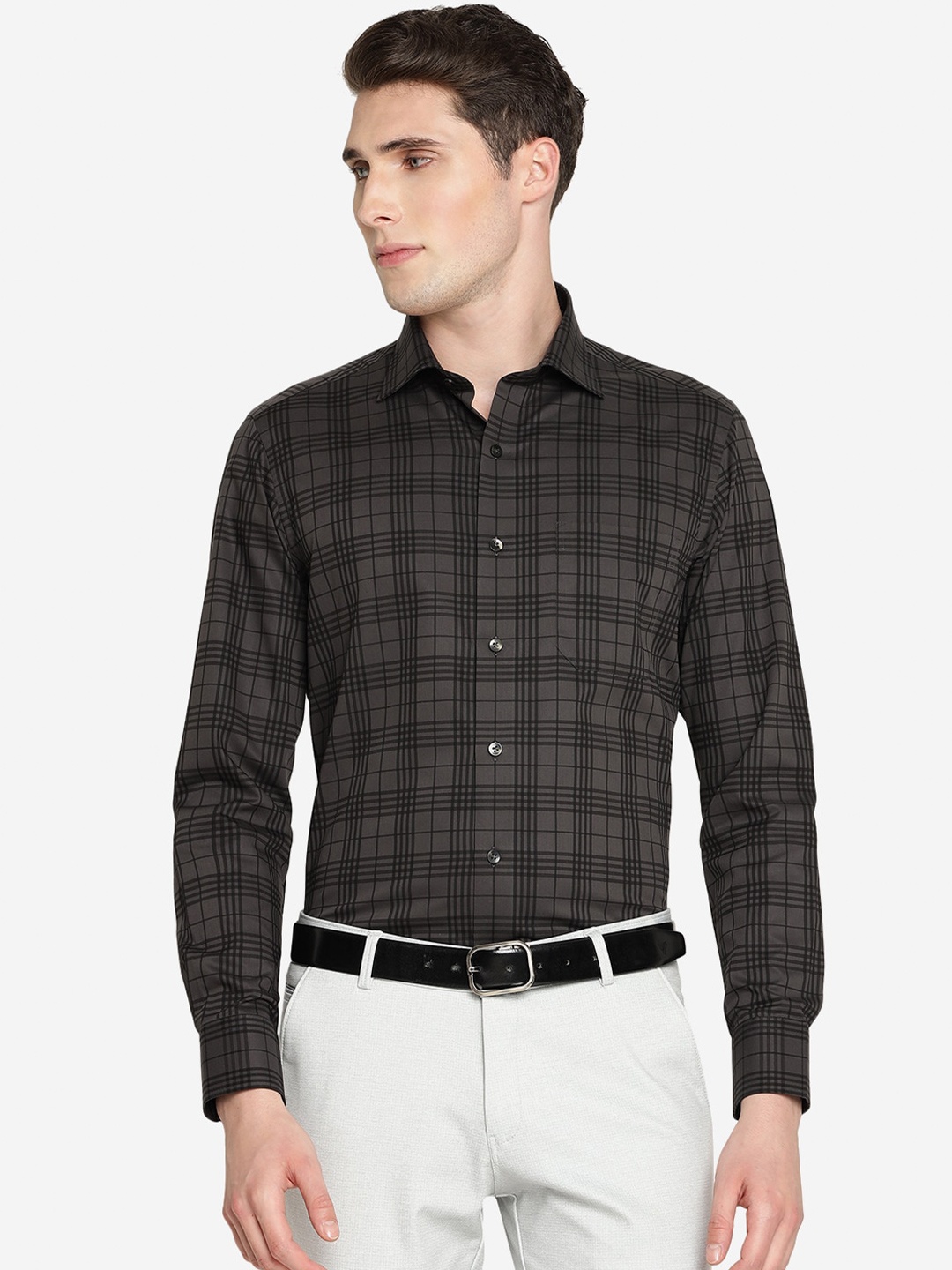 

METAL Slim Fit Tartan Checks Pure Cotton Formal Shirt, Charcoal