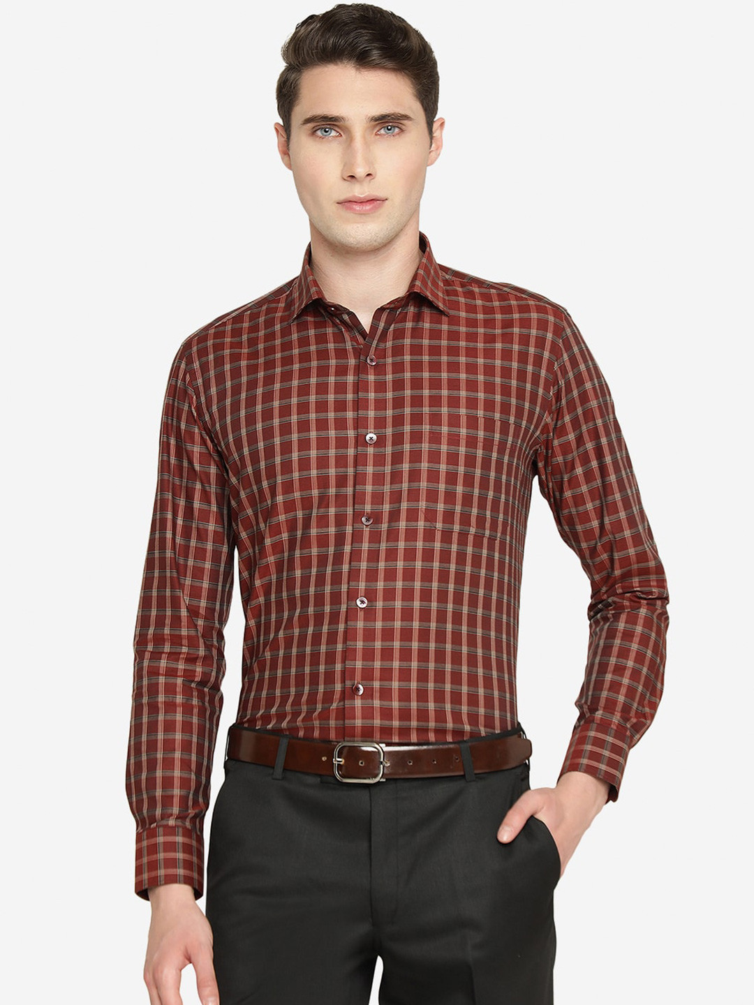 

METAL Slim Fit Windowpane Checks Pure Cotton Formal Shirt, Maroon