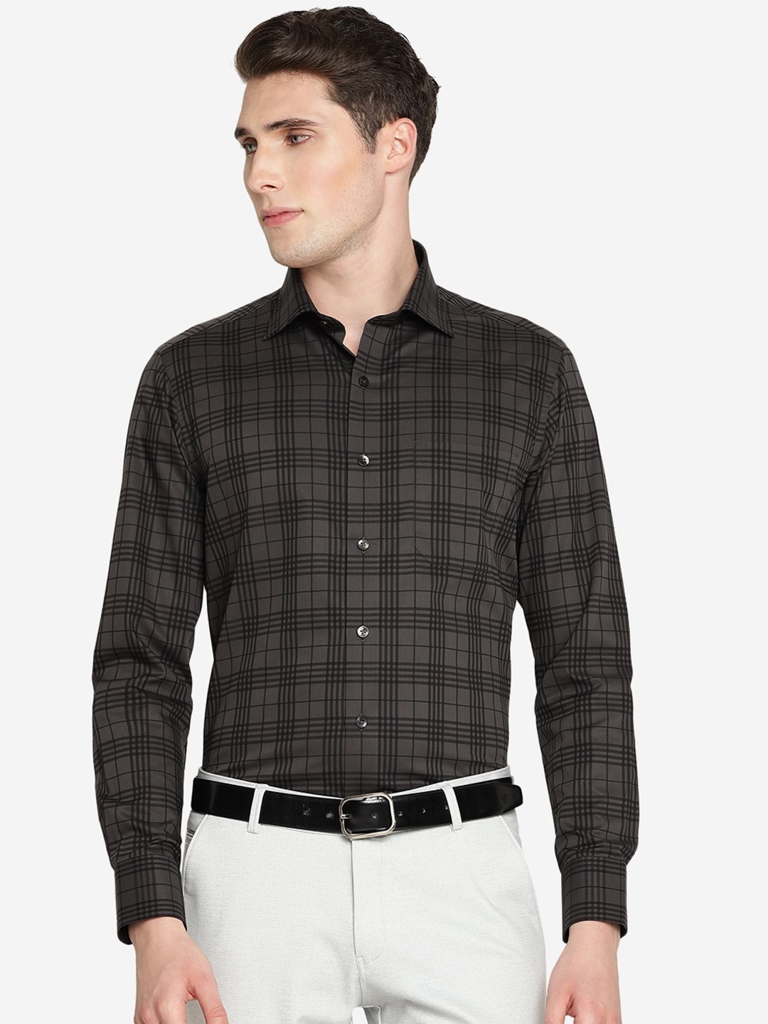 

METAL Slim Fit Tartan Checks Pure Cotton Formal Shirt, Charcoal