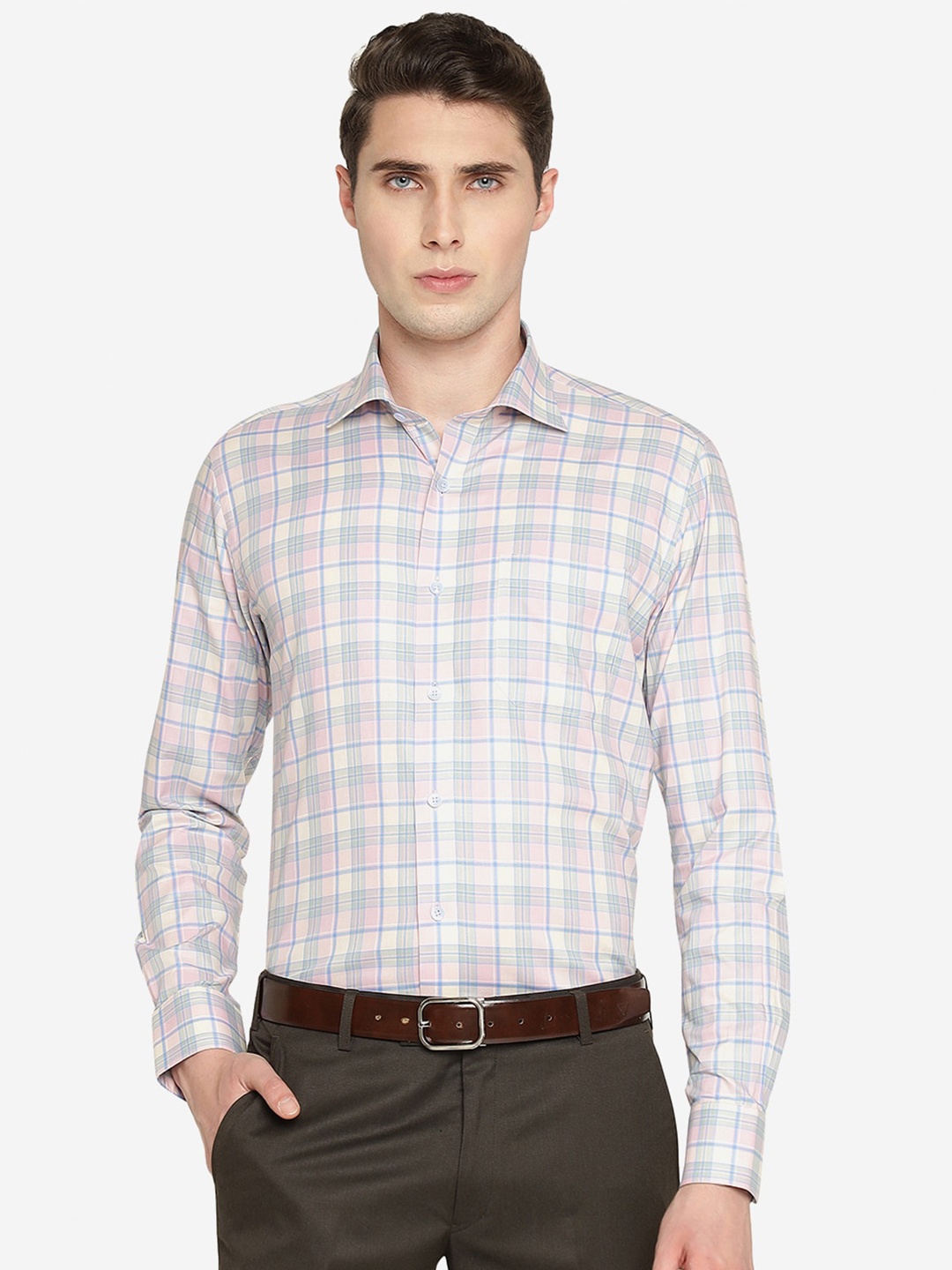 

METAL Checked Slim Fit Cotton Formal Shirt, Pink