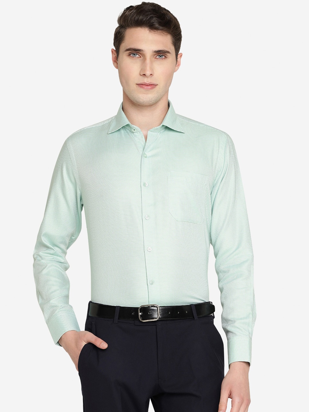 

METAL Self Design Slim Fit Pure Cotton Formal Shirt, Green