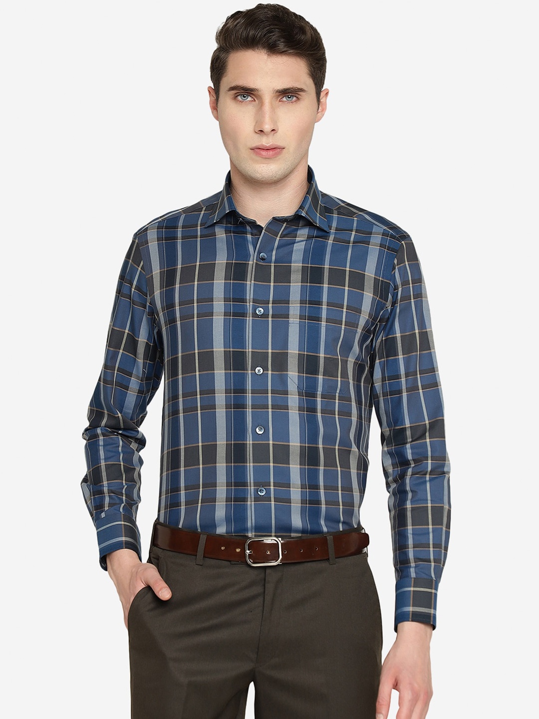 

METAL Slim Fit Tartan Checks Pure Cotton Formal Shirt, Blue