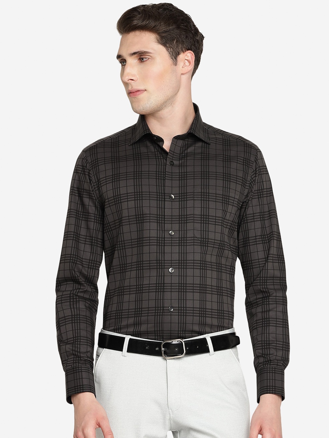 

METAL Slim Fit Tartan Checks Pure Cotton Formal Shirt, Charcoal