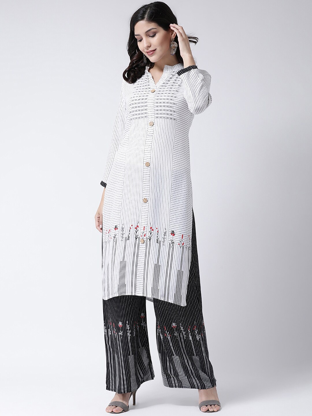 

Charitra Printed Mandarin Collar Kurta With Palazzos, White