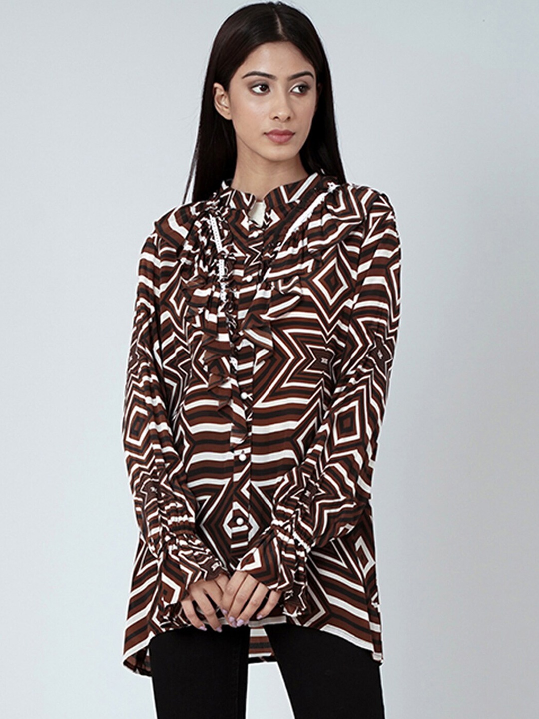 

First Resort by Ramola Bachchan Geometric Printed Spread Collar Smart Casual Shirt, Brown