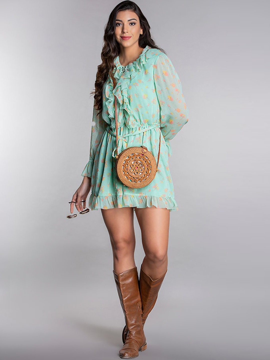 

MKOAL Printed Tie-Up Neck Ruffled Playsuit, Sea green