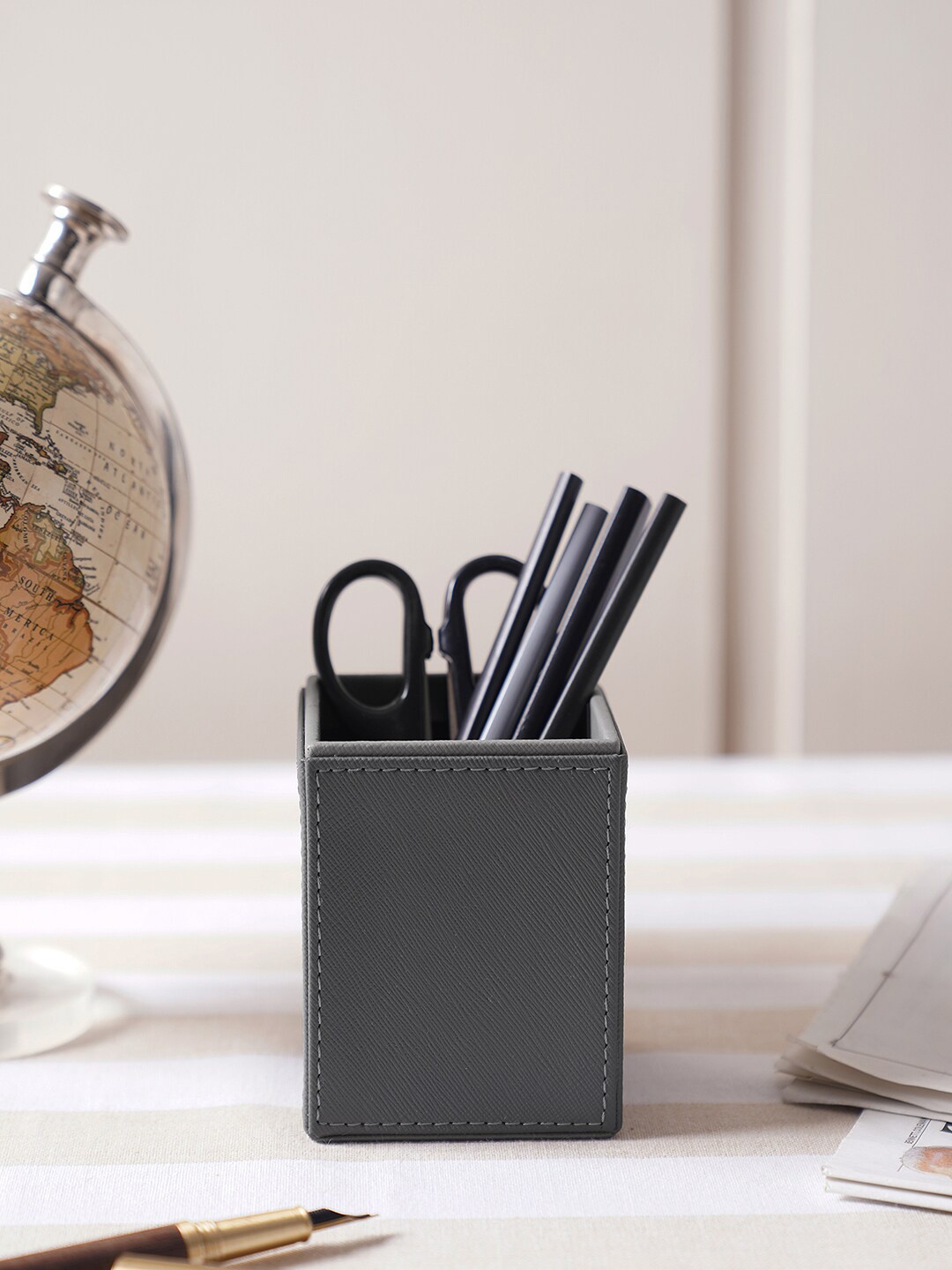 

Pure Home and Living Grey Solid Faux Leather Pen Stand