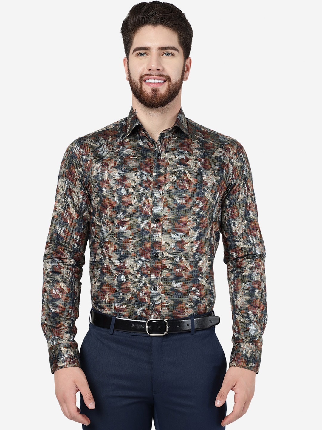 

JB STUDIO Floral Printed Long Sleeves Slim Fit Pure Cotton Formal Shirt, Brown