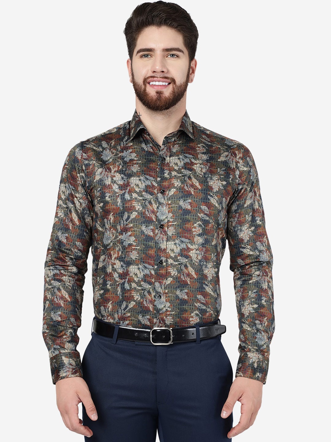 

JB STUDIO Floral Printed Long Sleeves Slim Fit Pure Cotton Party Shirt, Brown