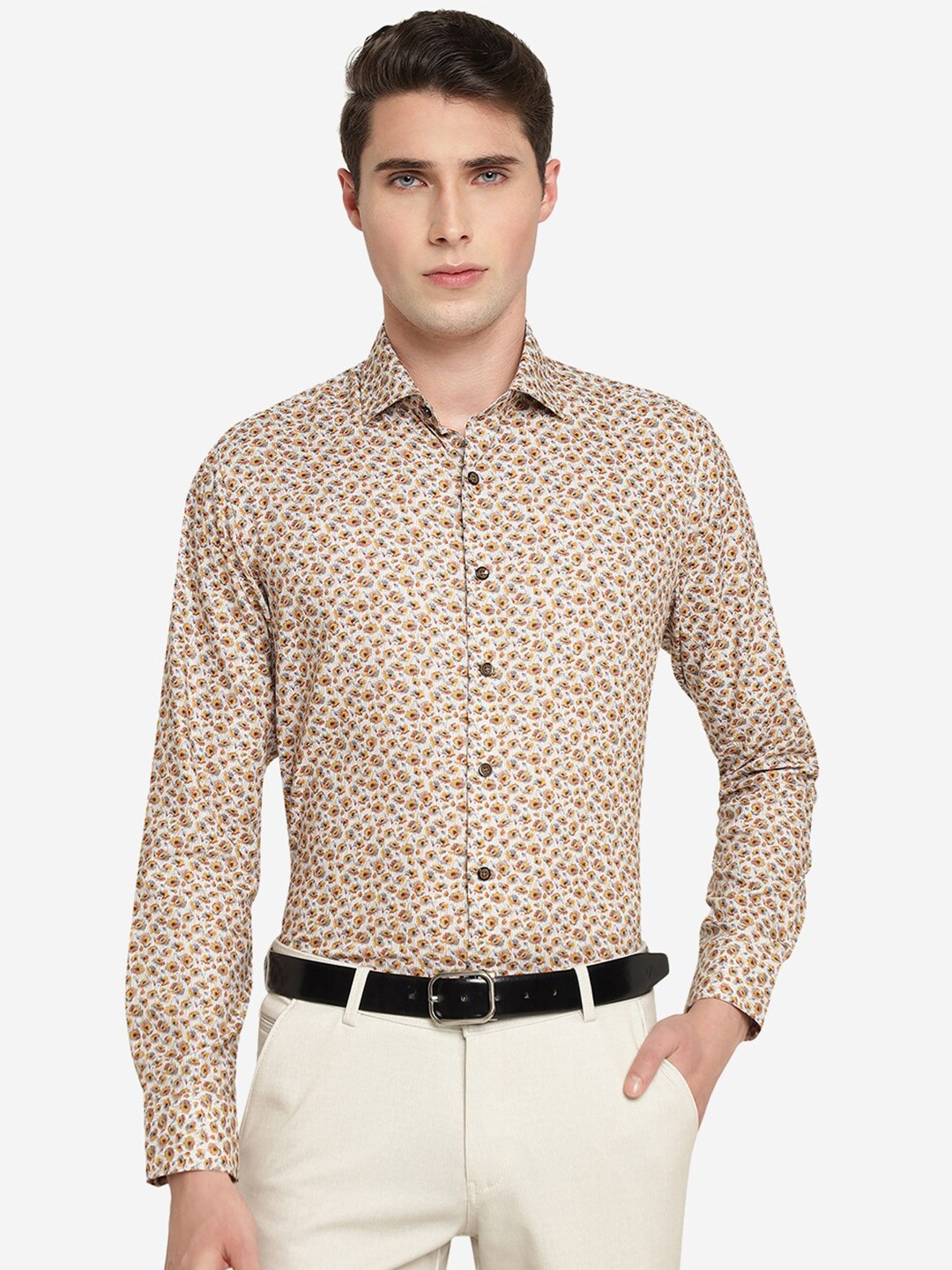 

JB STUDIO Floral Printed Long Sleeves Slim Fit Pure Cotton Party Shirt, Yellow