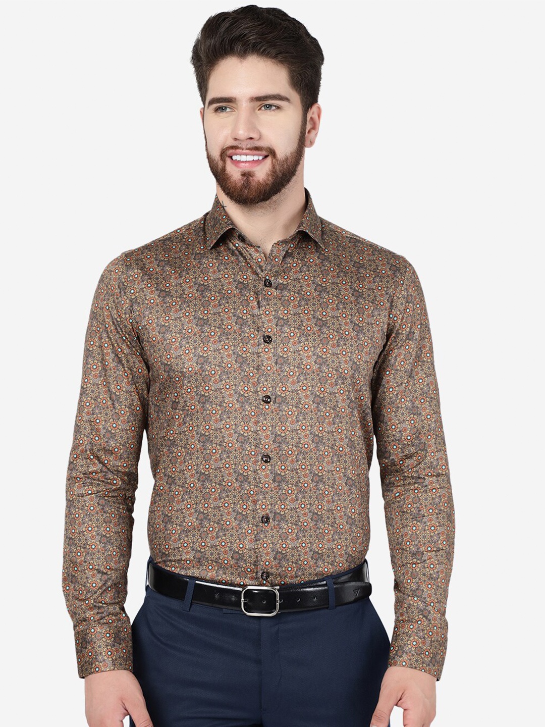 

JB STUDIO Floral Printed Long Sleeves Slim Fit Pure Cotton Party Shirt, Brown
