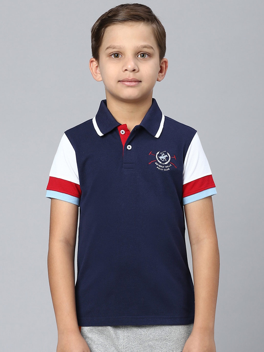 

Beverly Hills Polo Club Boys Striped Polo Collar Pure Cotton T-shirt, Navy blue