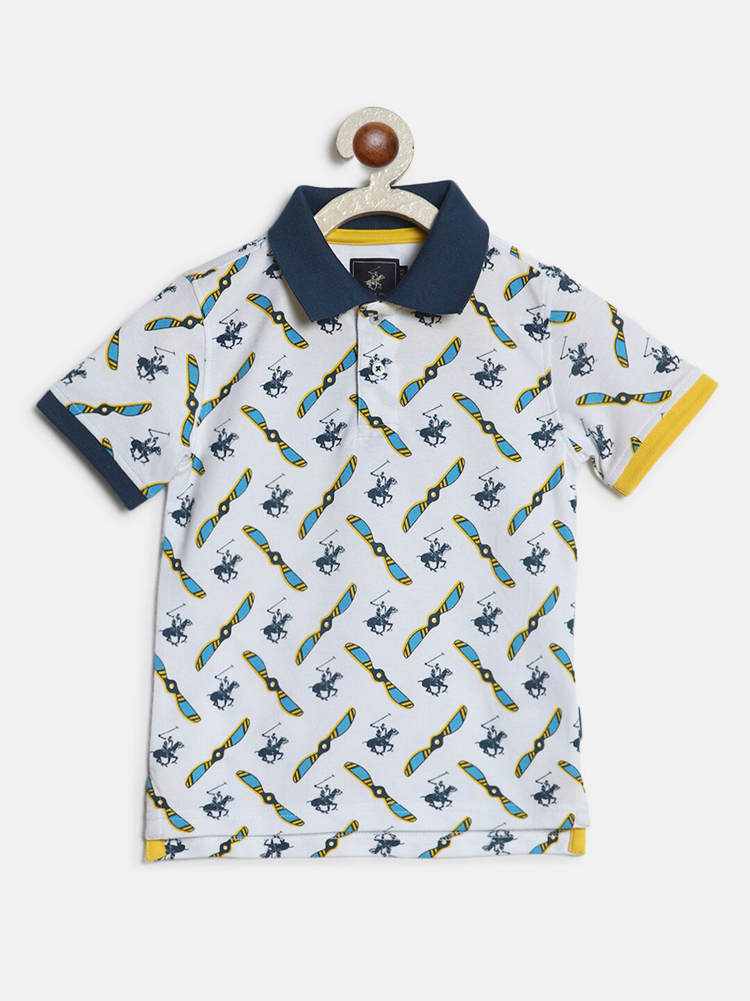 

Beverly Hills Polo Club Boys Conversational Printed Polo Collar Pure Cotton T-shirt, White