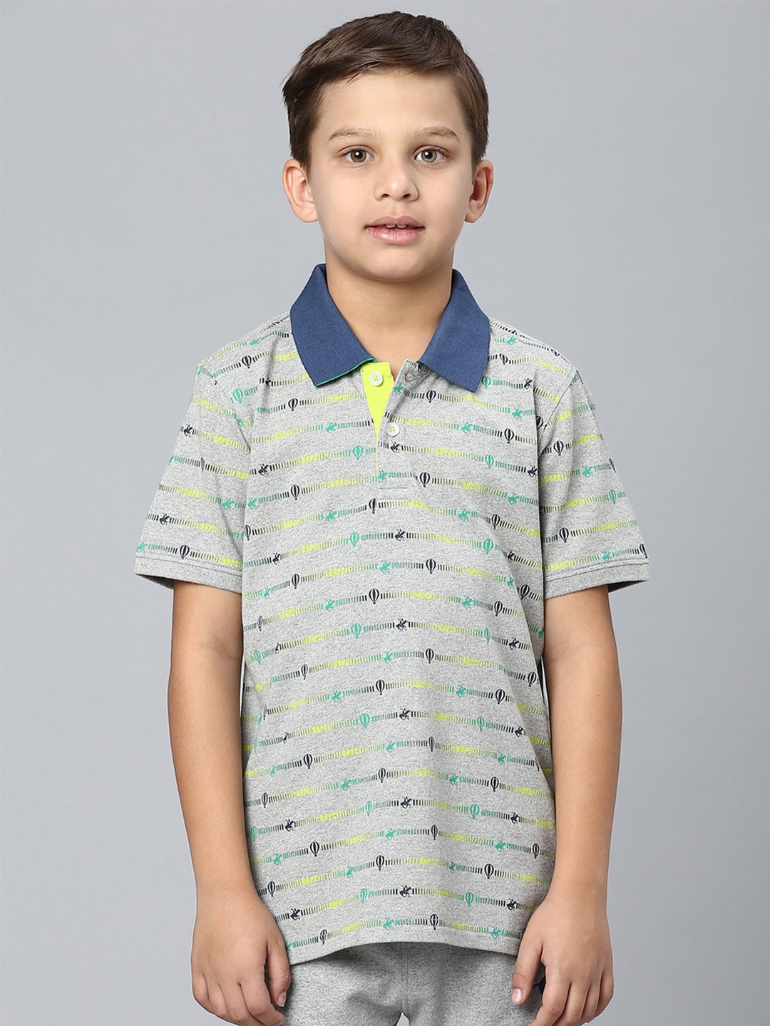 

Beverly Hills Polo Club Boys Conversational Printed Polo Collar Pure Cotton T-shirt, Grey