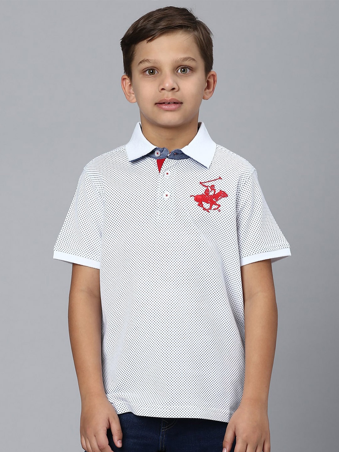 

Beverly Hills Polo Club Boys Polka Dots Printed Polo Collar Pure Cotton T-Shirt, White