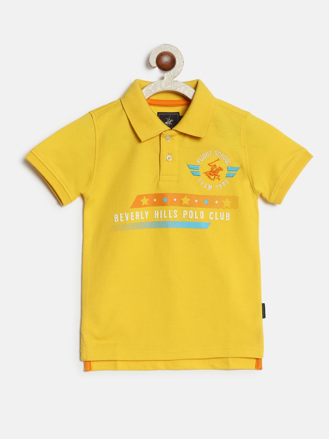 

Beverly Hills Polo Club Boys Typography Printed Polo Collar Pure Cotton T-shirt, Yellow